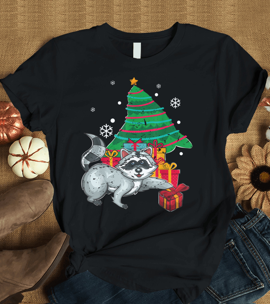 Christmas Raccoon with Presents and Snowflakes T-Shirt