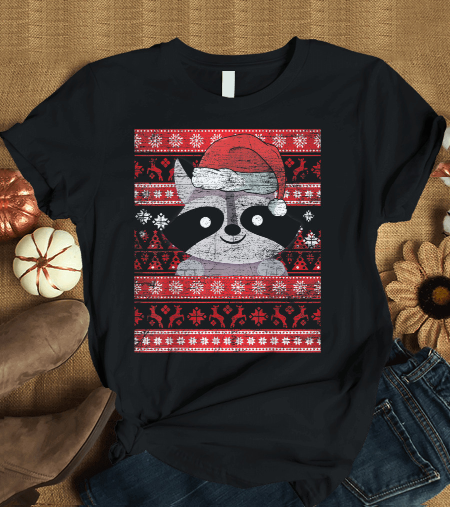 Zookeeper Raccoon Santa Hat Ugly Christmas Raccoon T-Shirt