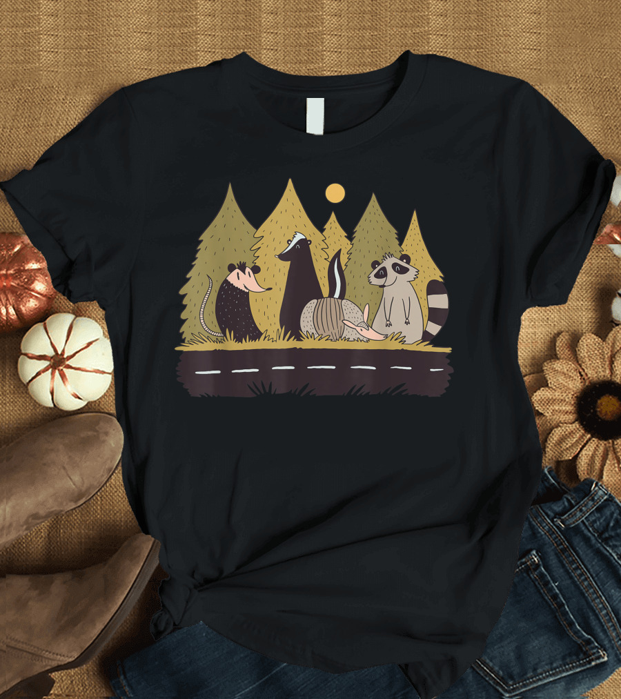 Armadillo Raccoon Skunk Forest Road Scene T-Shirt