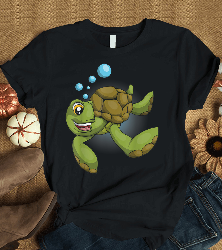 Animal Sea Turtle Cartoon with Bubbles T-Shirt