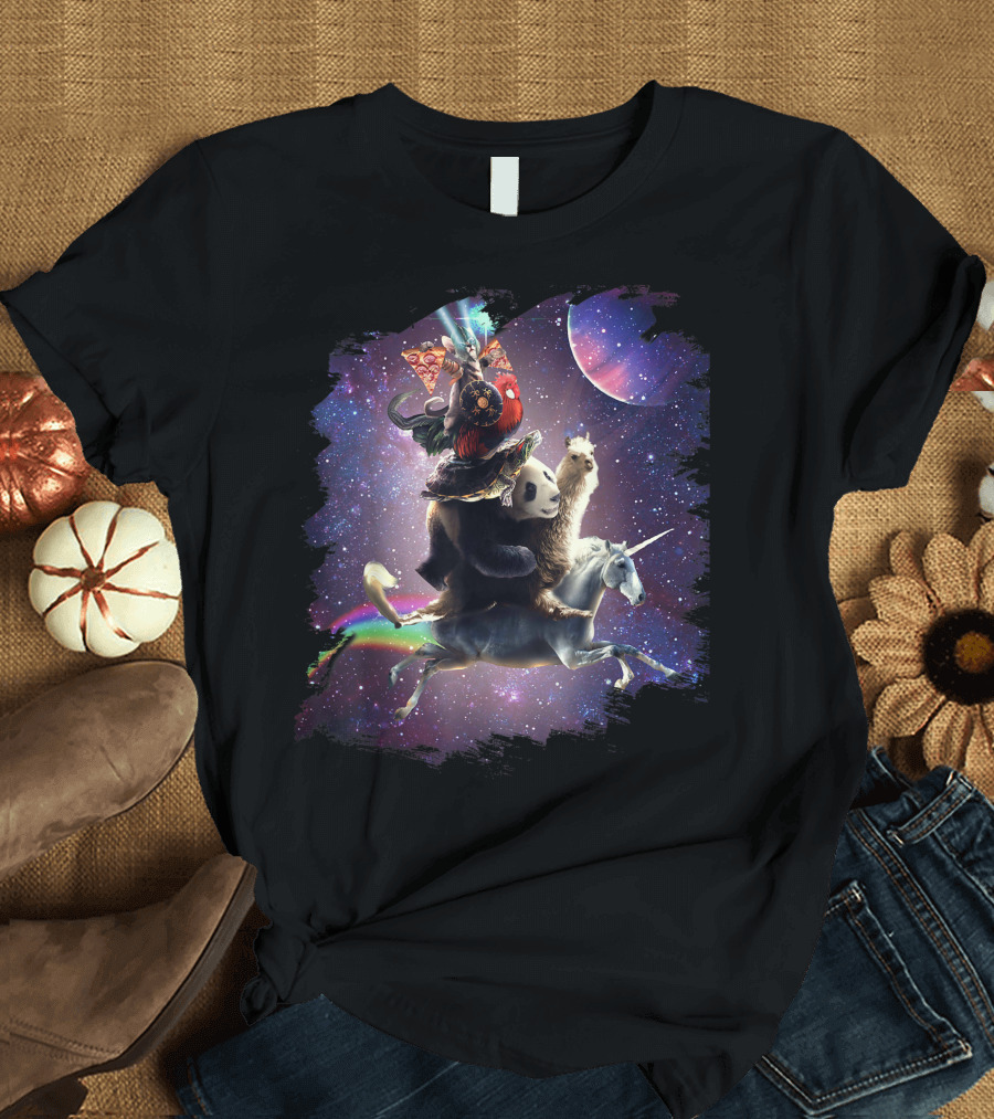 Cat Riding Chicken Turtle Panda Llama Unicorn Galaxy Adventure T-Shirt