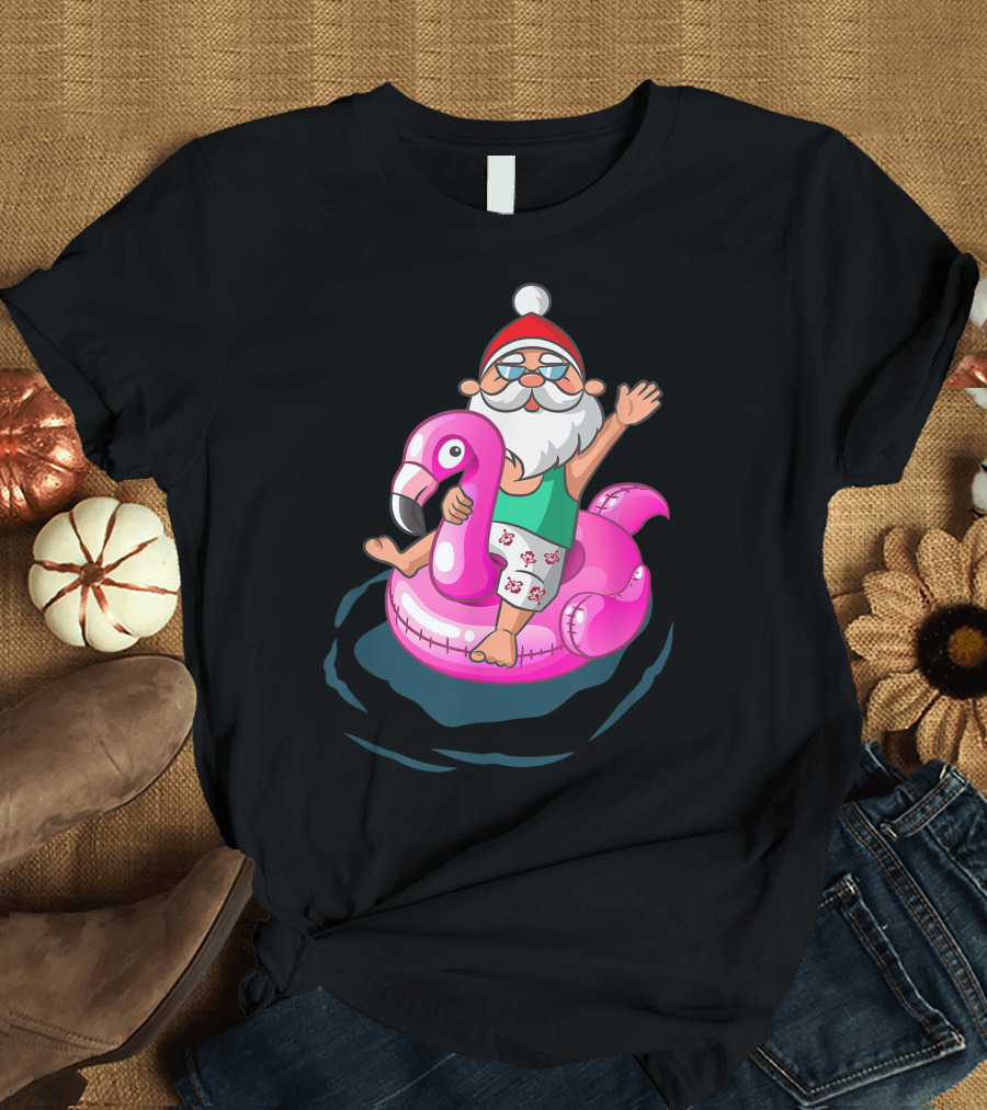 Santa on Flamingo Float Christmas in July Hawaiian Summer Surf T-Shirt