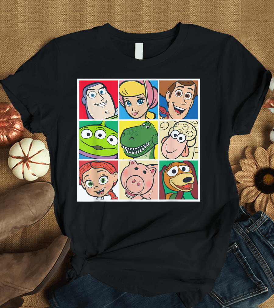 Disney Pixar Toy Story Buzz Lightyear Woody Jessie Rex Bo Peep Alien Slinky Hamm Sheep Character Grid T-Shirt