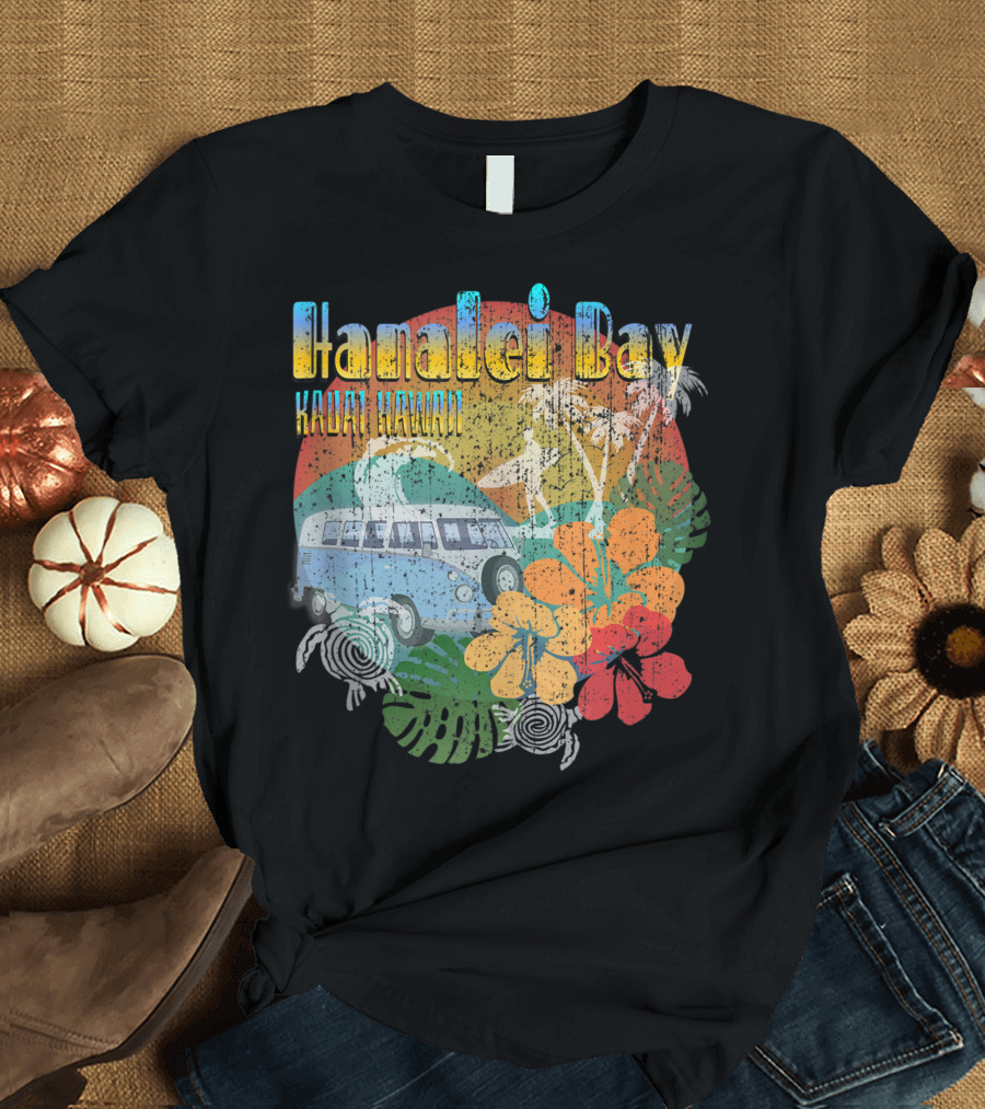 Hanalei Bay Kauai Hawaii Vintage Van Hibiscus Palms Surf Style N1 T-Shirt