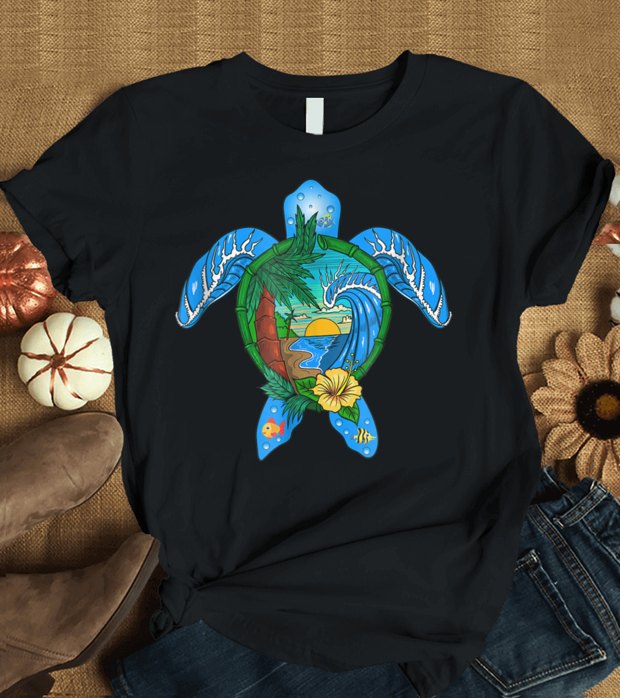 Hawaiian Sea Turtle Sunset Wave Beach Scene Hawaii W4 T-Shirt