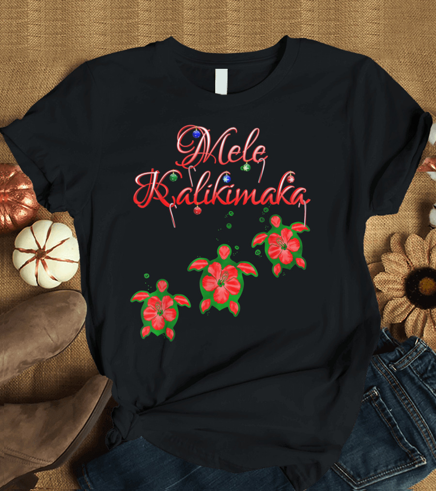 Mele Kalikimaka Hawaii Honu Turtles Christmas Floral Holiday T-Shirt