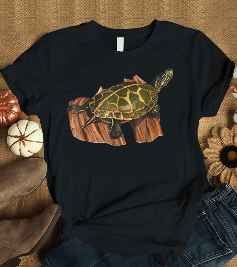Painted Turtle Basking on Wooden Log for Turtle Lovers T-Shirt