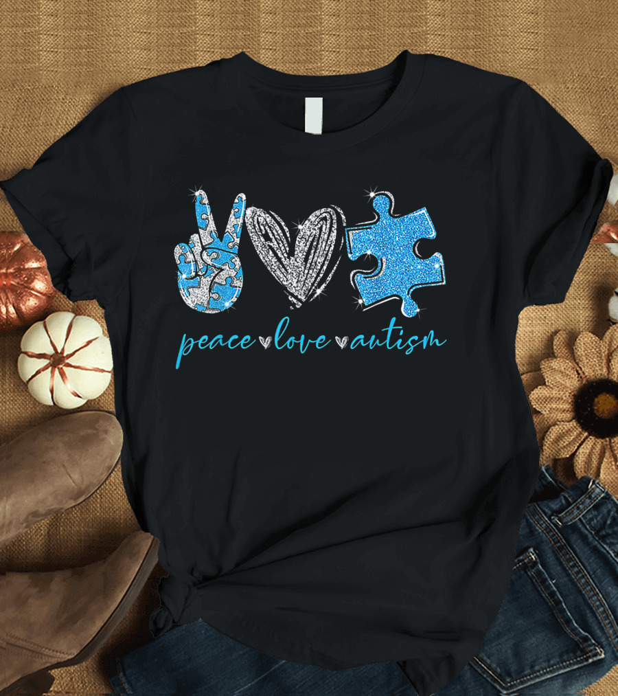 Peace Love Autism Glitter Puzzle Heart T-Shirt