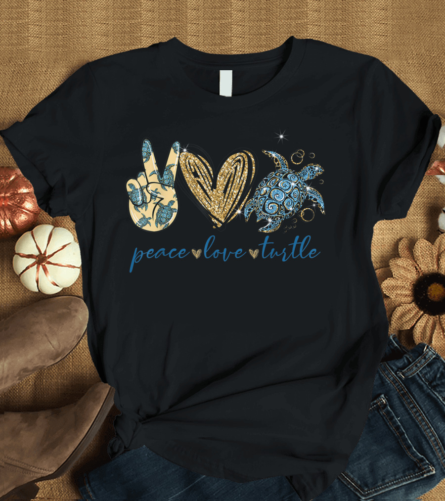 Peace Sign Heart Turtle Pattern Glitter T-Shirt