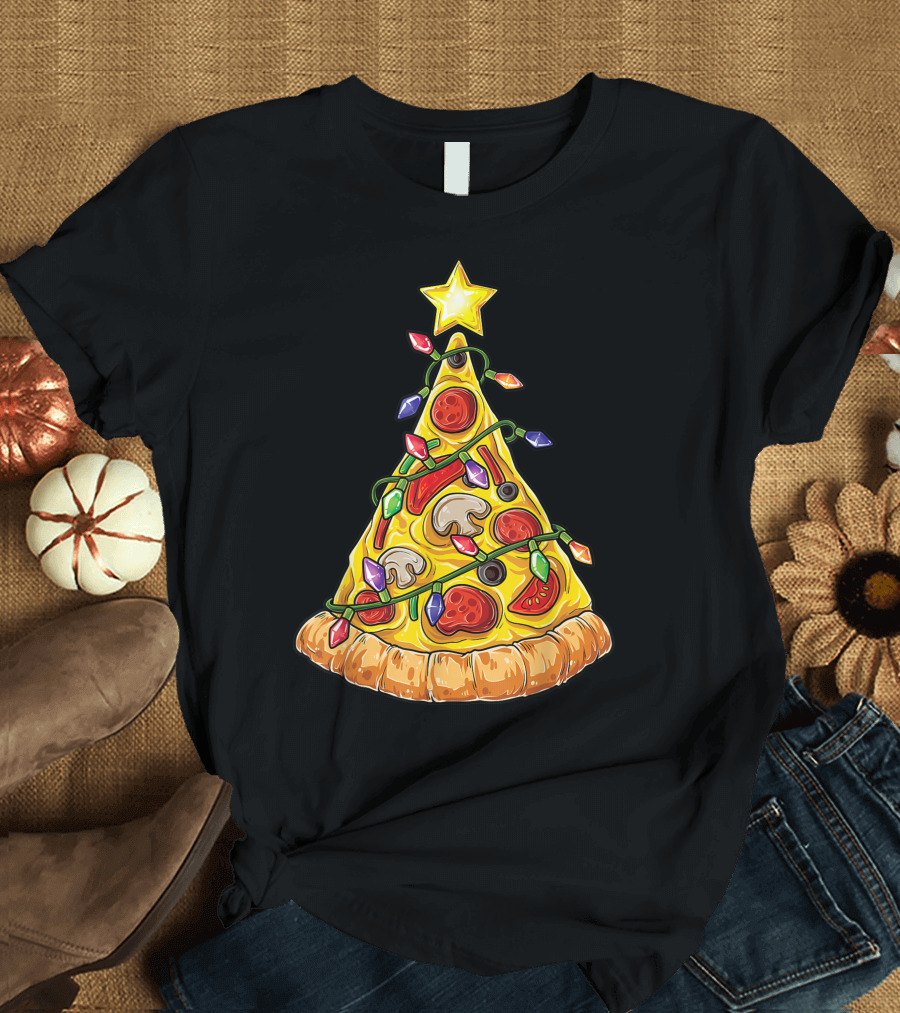 Pizza Christmas Tree Lights Xmas Crustmas Kh Holiday Slice Decor T-Shirt