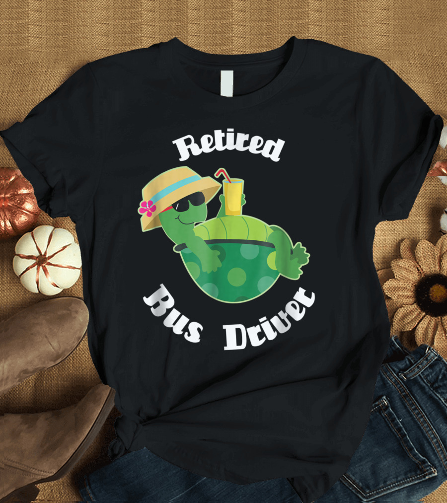 Retired Bus Driver Turtle with Hat and Drink T-Shirt