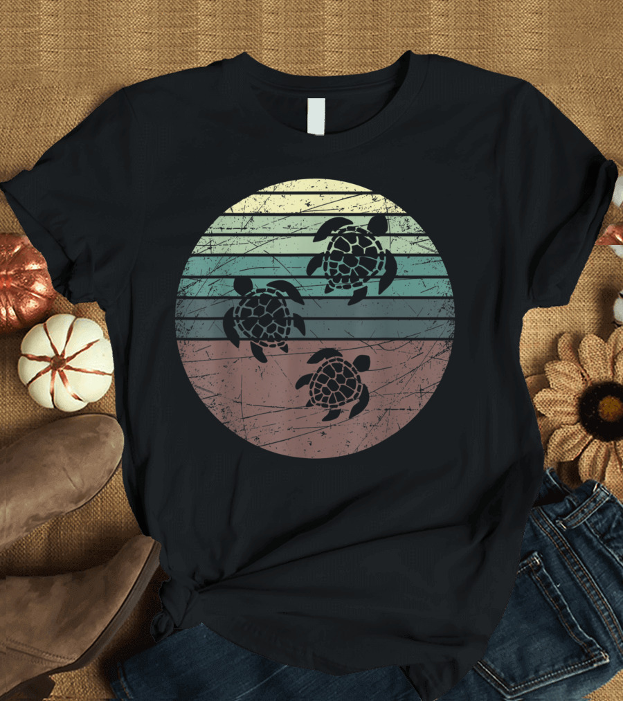 Retro Sea Turtle Vintage Sunset Ocean Stripes T-Shirt