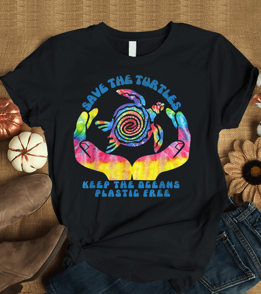 Save The Turtles Keep The Oceans Plastic Free Spiral Tie-Dye Turtle in Hands T-Shirt