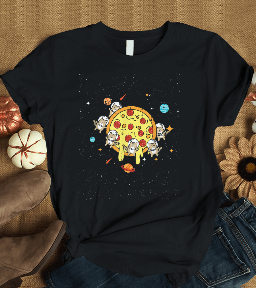 Planet Pizza Cats in Space with Astronauts and Cute Pets T-Shirt