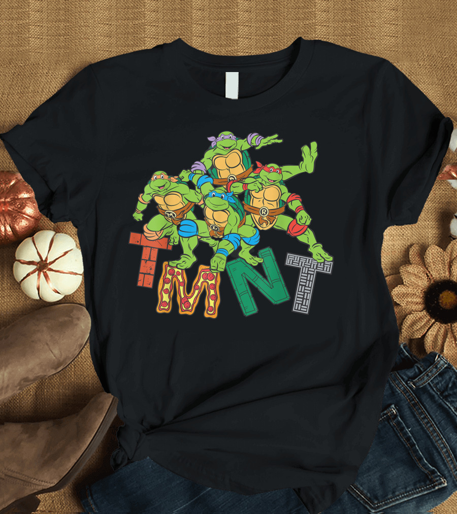 Ninja Turtles Balancing On Colorful TMNT Font T-Shirt