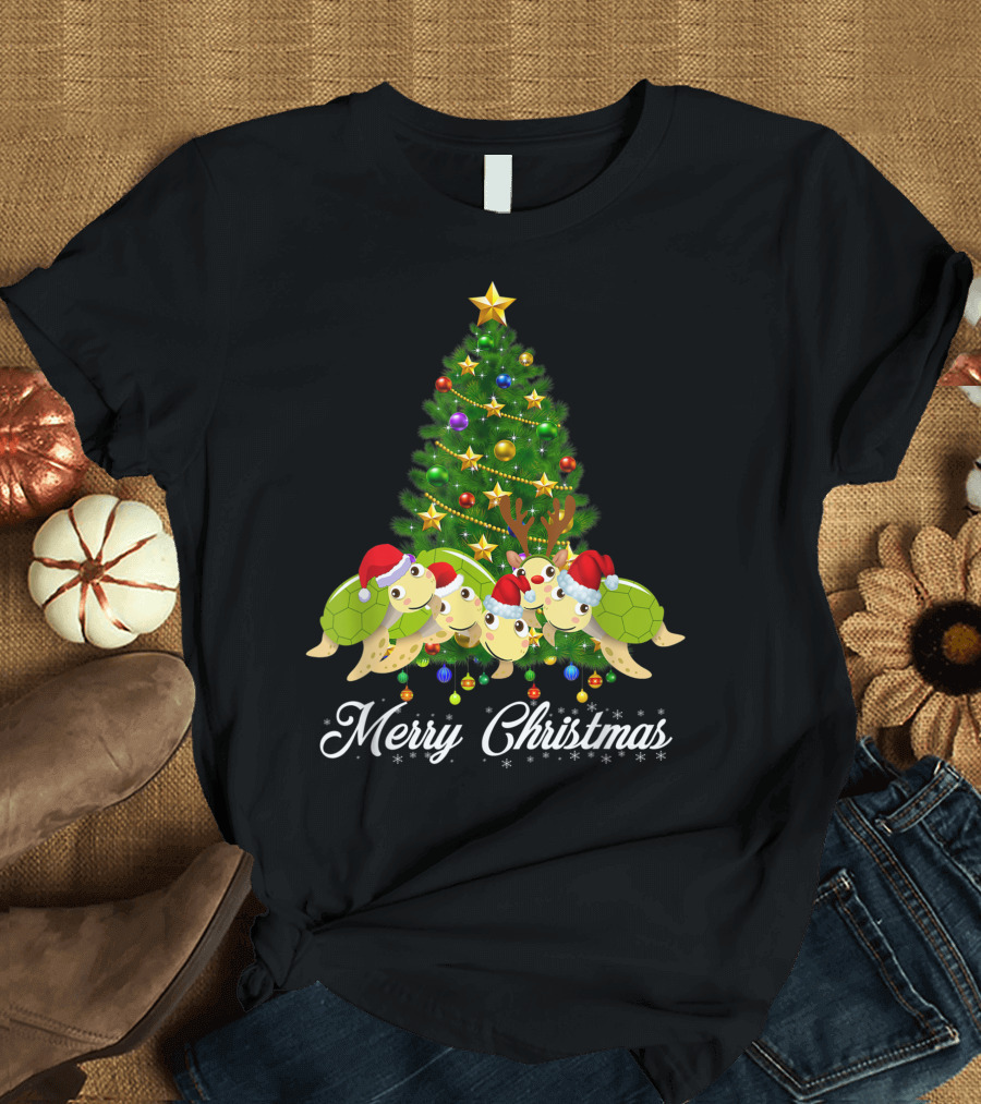 Sea Turtle Santa Hat Merry Christmas Tree Sea Turtles Lover Xmas T-Shirt