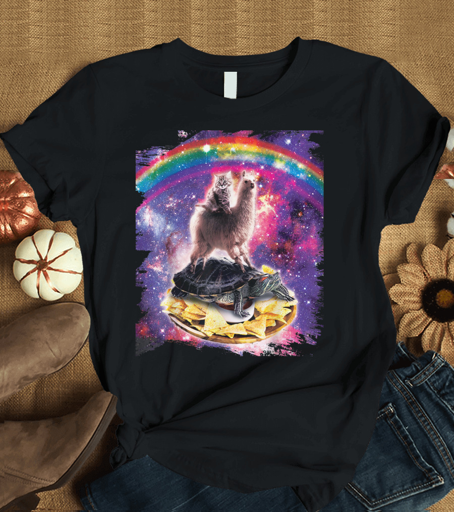 Space Cat and Llama on Turtle Over Nachos with Galactic Rainbow T-Shirt