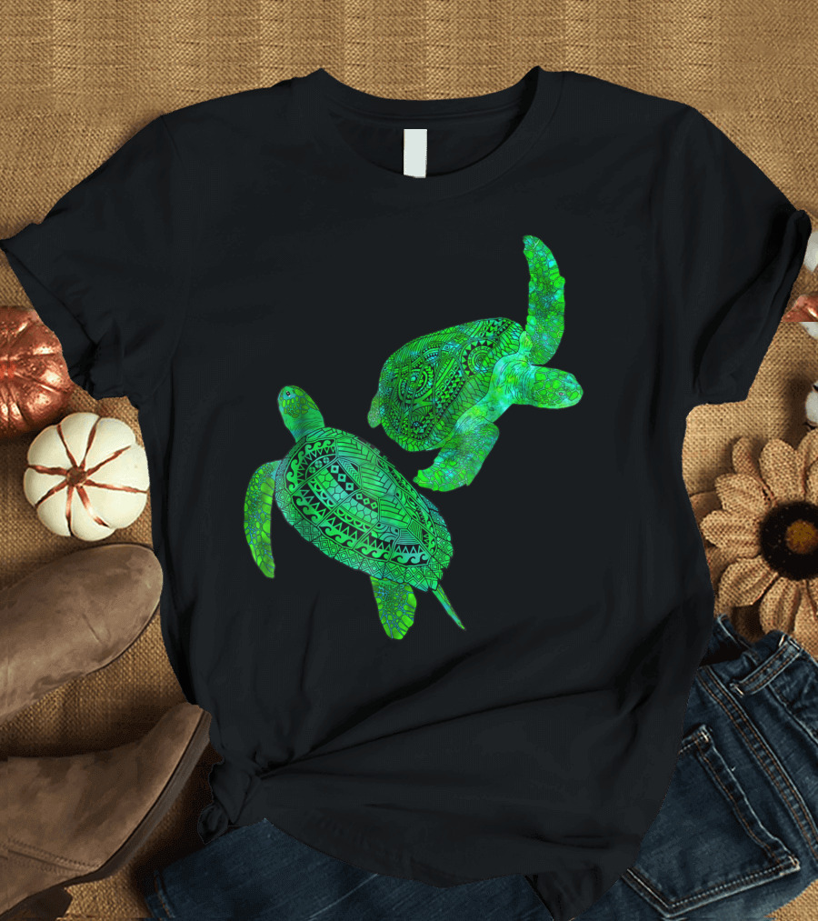 Two Tribal Green Sea Turtles Ethnic T-Shirt