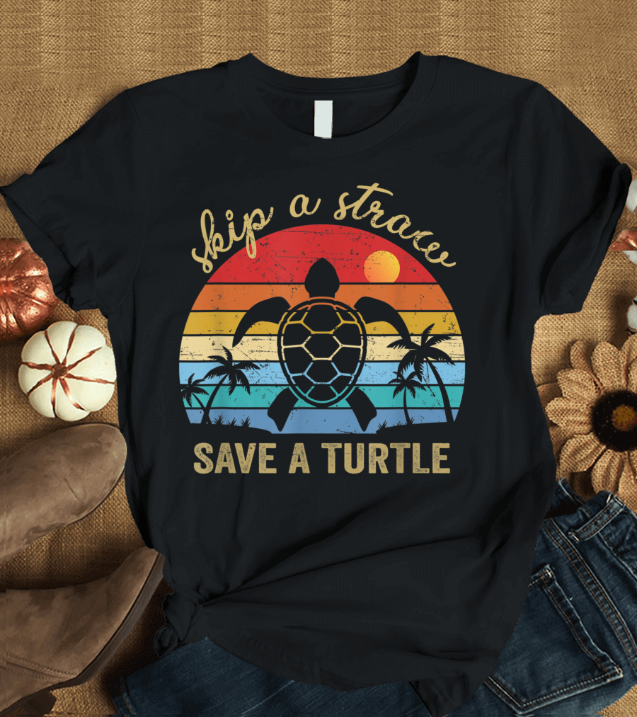 Skip A Straw Save A Turtle Vintage Sunset Sea Turtle Rescue T-Shirt