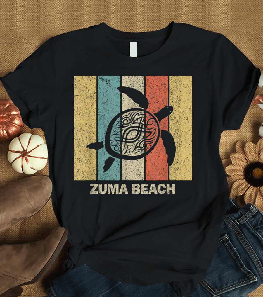 Zuma Beach Tribal Sea Turtle California 80s Vintage Retro Stripes T-Shirt