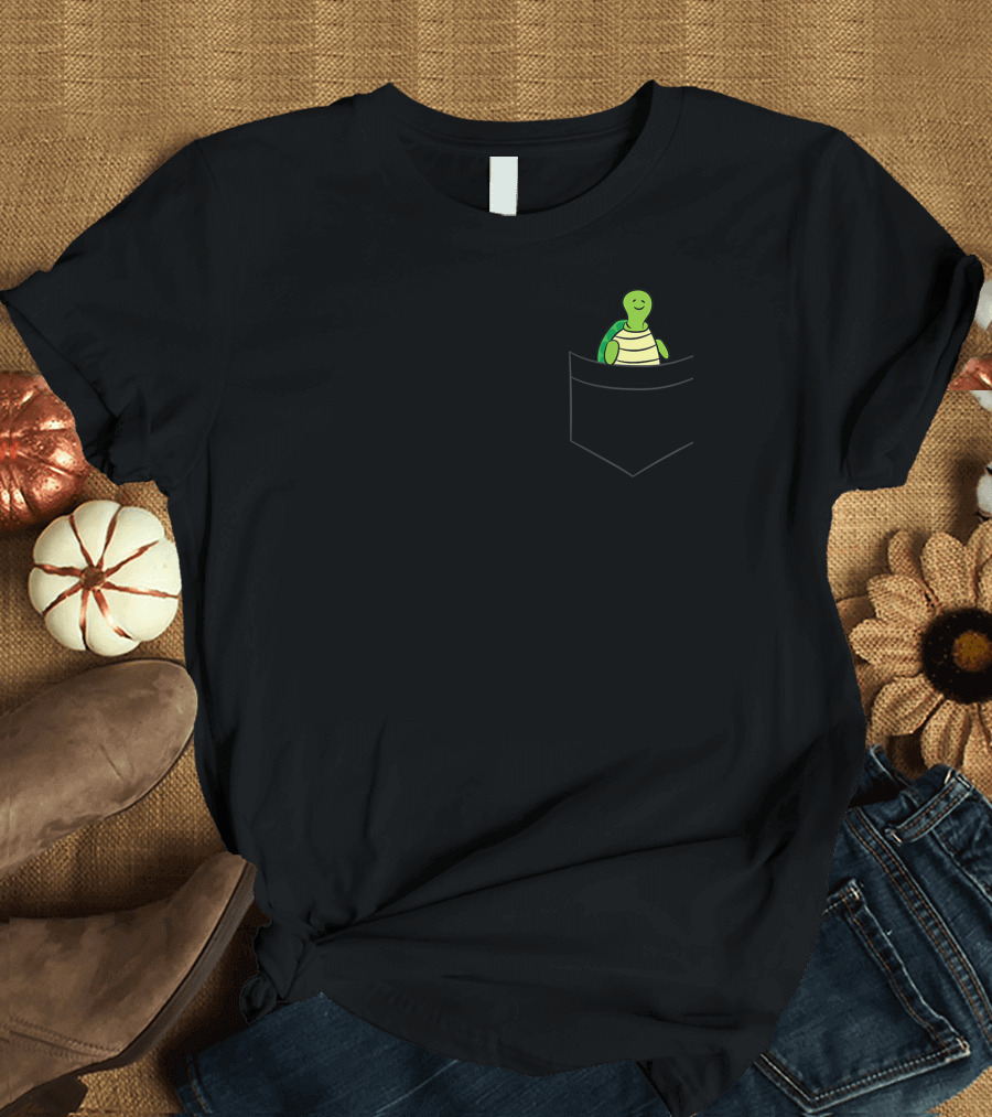 Sea Turtle Cartoon Green Turtle in a Pocket T-Shirt