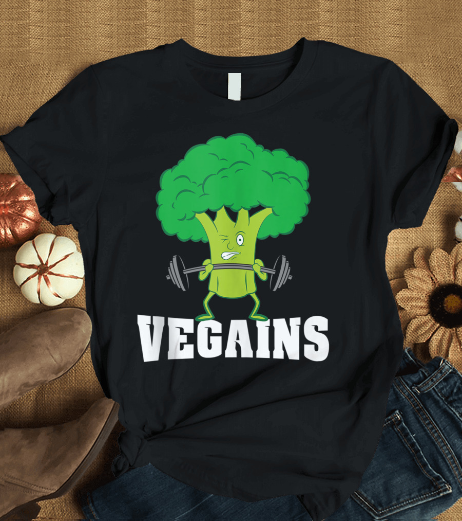 Vegains Plant Powered Vegan Gym Workout Broccoli Lifting Weights T-Shirt