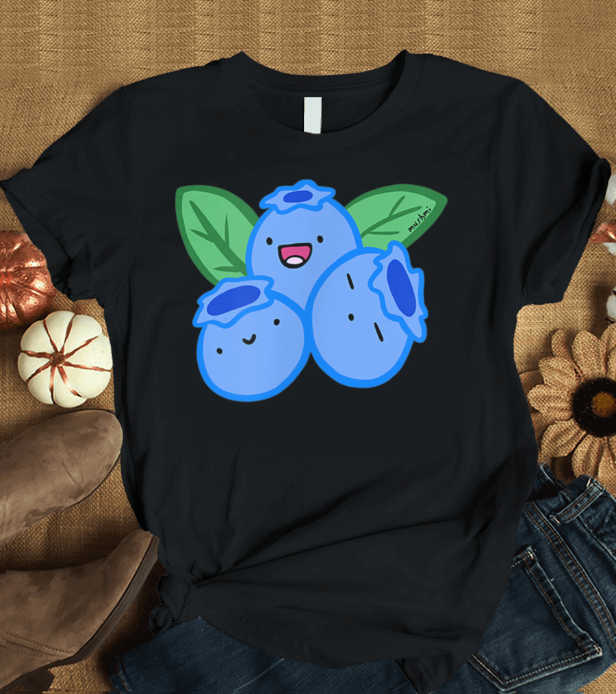 Blueberry Cute Kawaii Anime Vegan Frui Happy Smiling Blueberries with Leaf by Mushmi T-Shirt