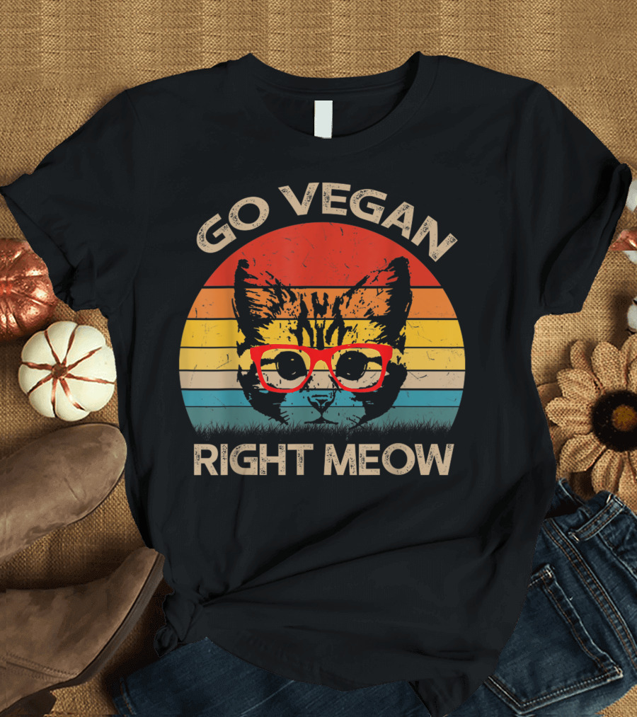 Go Vegan Right Meow Retro Cat With Glasses T-Shirt