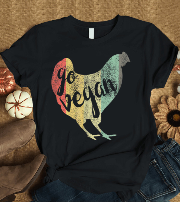 T-Shirt: Go Vegan Vintage Chicken Rainbow T-Shirt Go Vegan Vintage Chicken Rainbow T-Shirt
