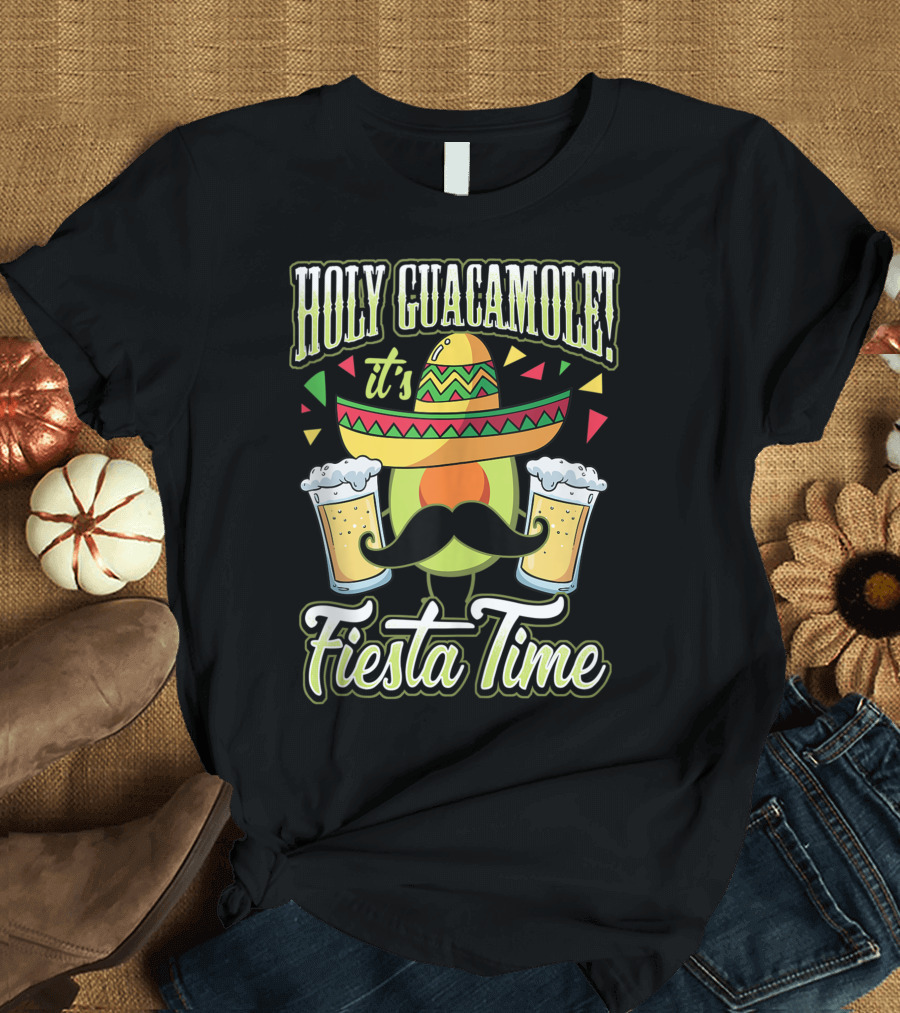 Holy Guacamole It's Fiesta Time Avocado Sombrero Beer Mustache Mexican Pun T-Shirt