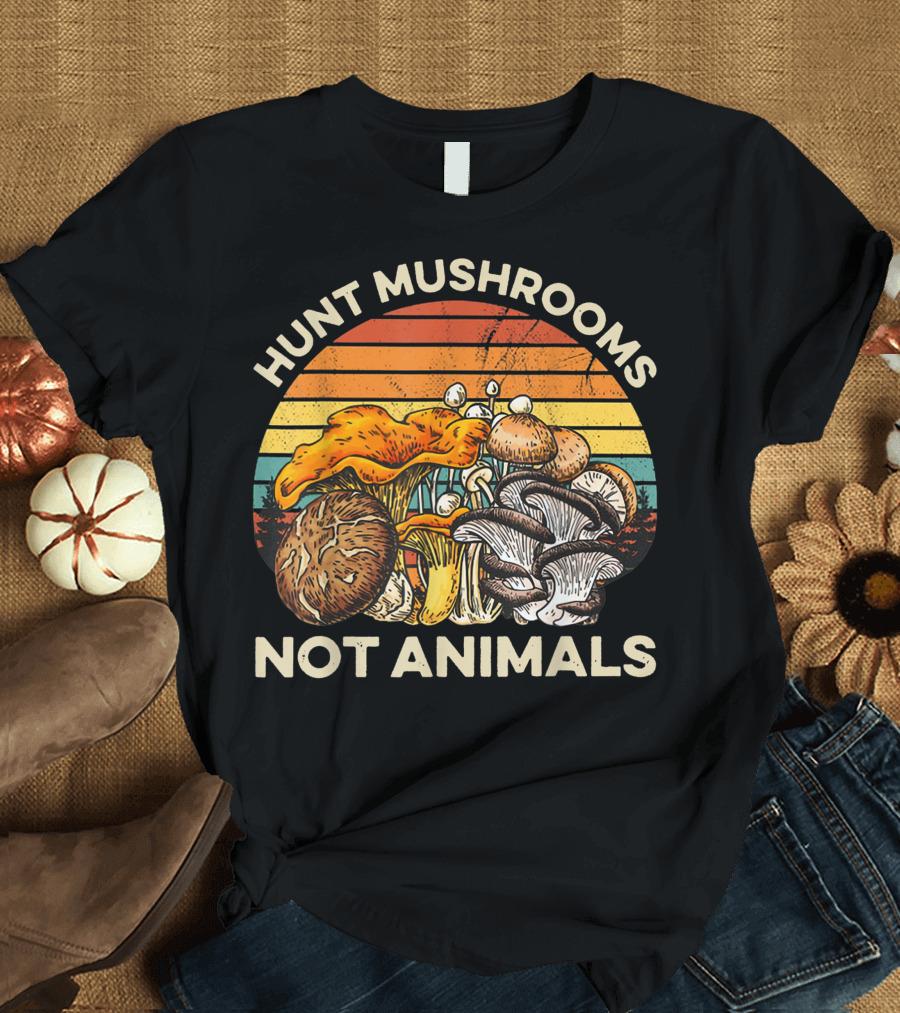 Hunt Mushrooms Not Animals Vintage Rainbow Sunset Forest Scene T-Shirt