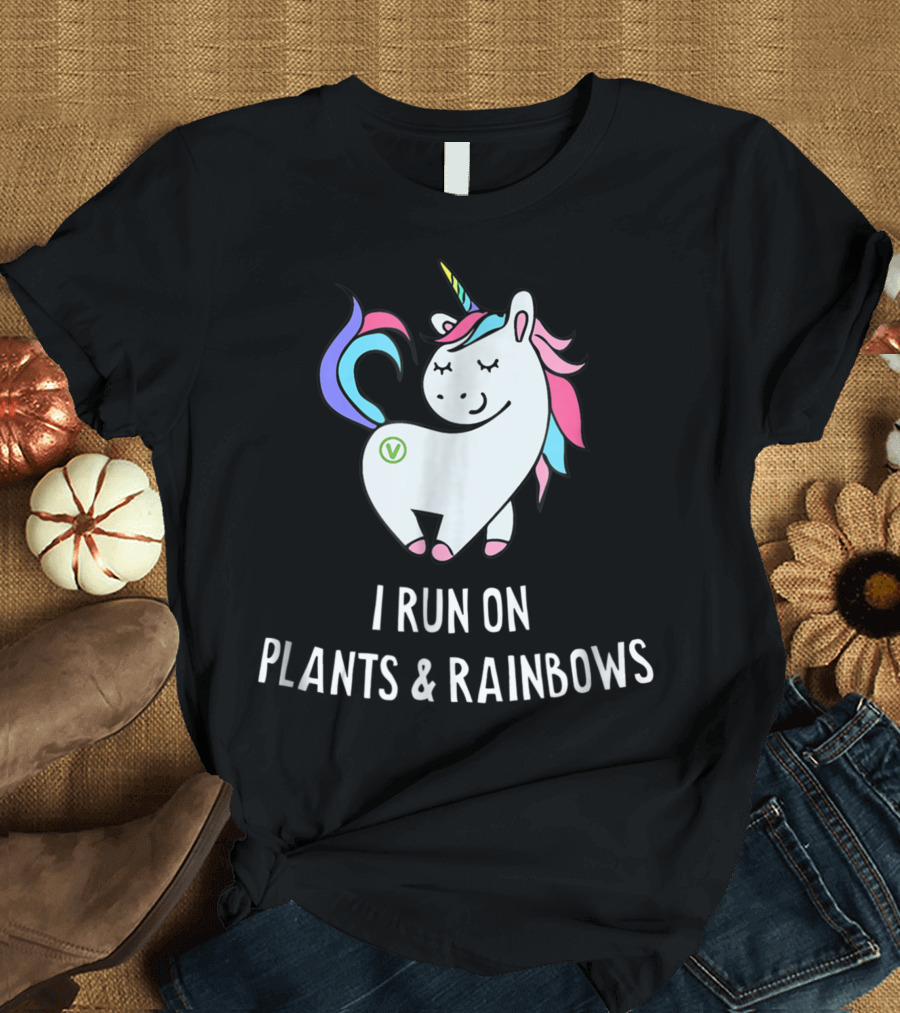 I Run On Plants And Rainbows Vegan Unicorn Colorful Mane T-Shirt