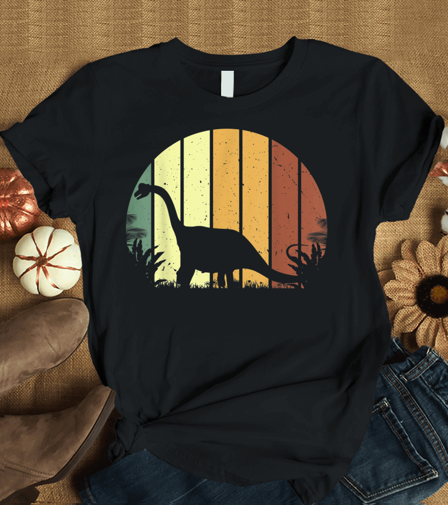 Retro Brontosaurus Dinosaur Silhouette Vegetarian Sunset Stripes T-Shirt