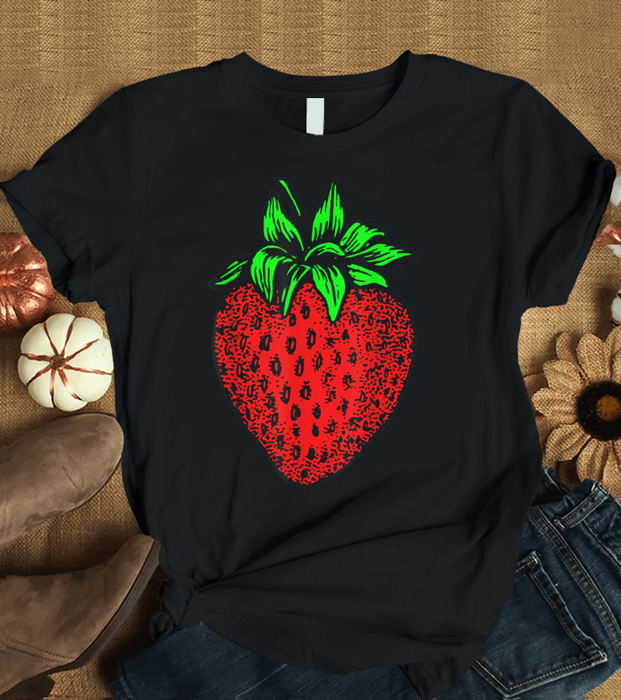 Strawberry Illustration with Green Leaves T-Shirt
