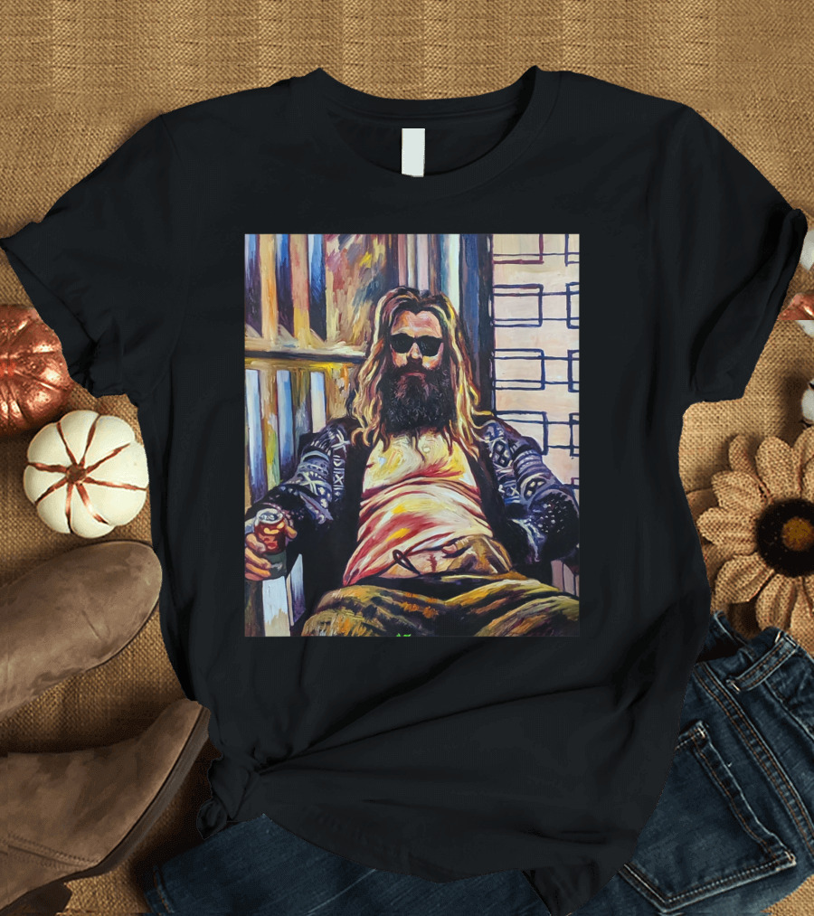 Fat Thor Holding Drink Relaxed Sitting T-Shirt