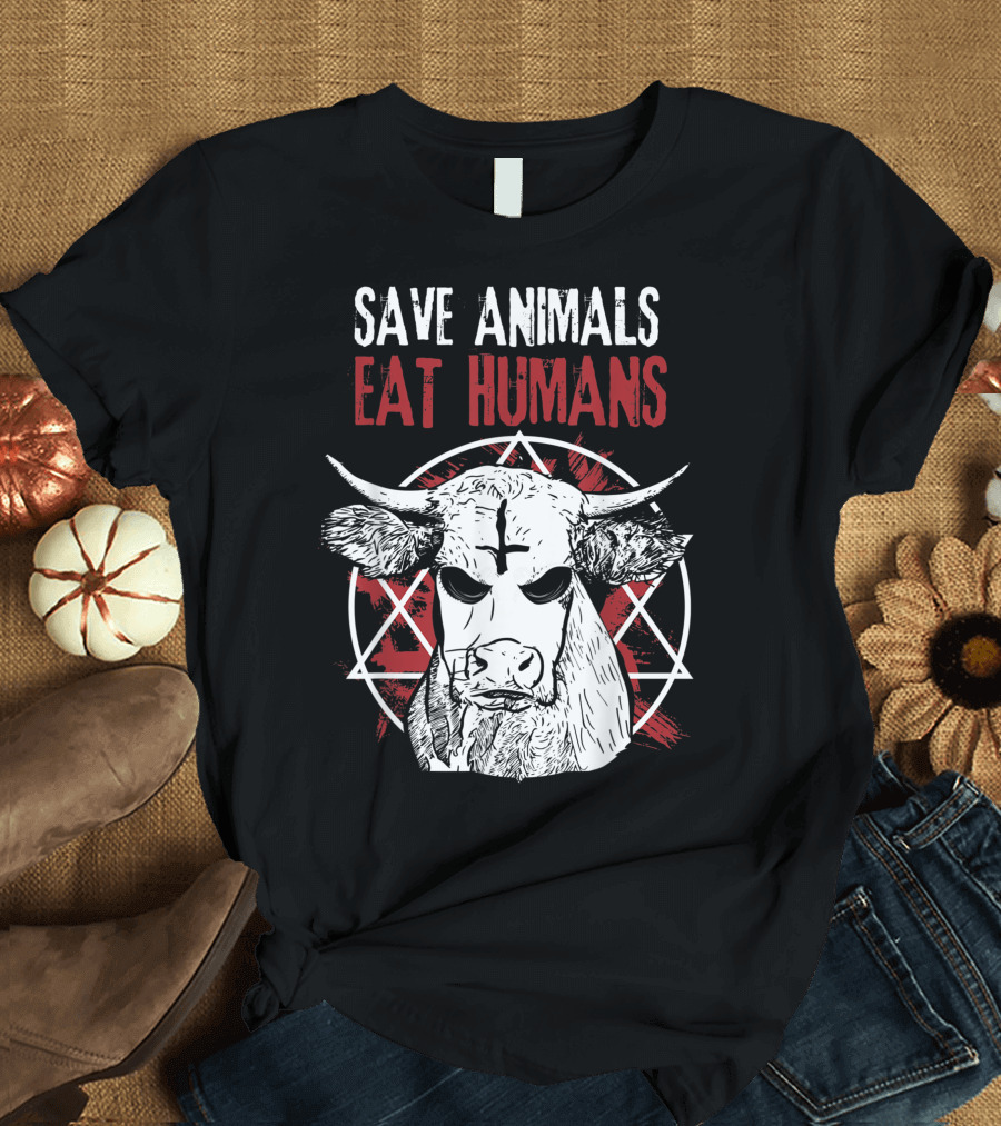 Save Animals Eat Humans Fun Satan Cow Vegan Animal Lover T-Shirt
