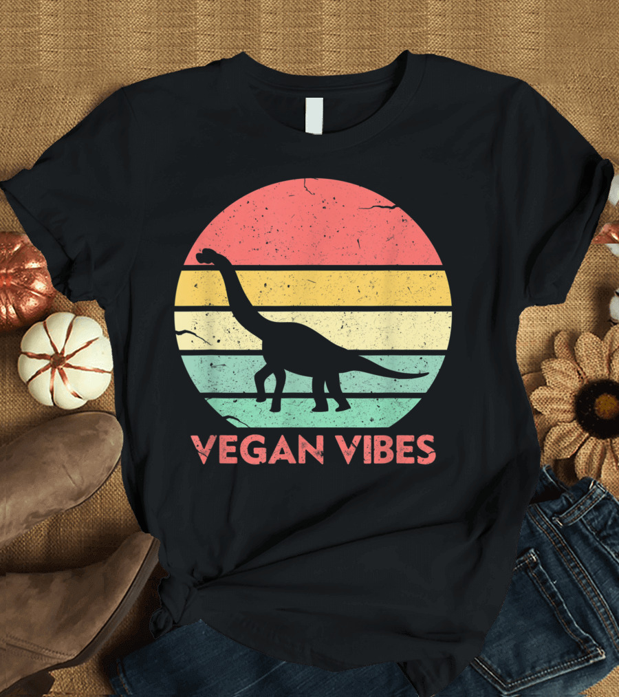 Vegan Vibes Dinosaur Vintage Sunset Stripes Vegetarian T-Shirt
