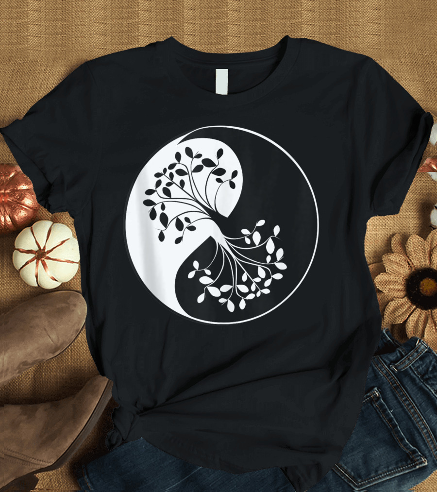 Yin Yang Tree of Life Black White Balance Yoga T-Shirt