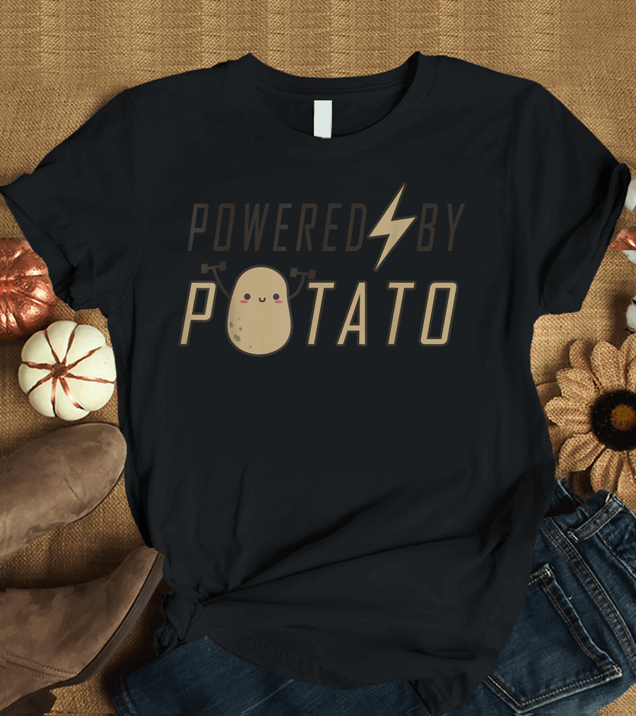 Powered By Potato Cute Character with Lightning Bolt Vegan Vegetarian Day T-Shirt