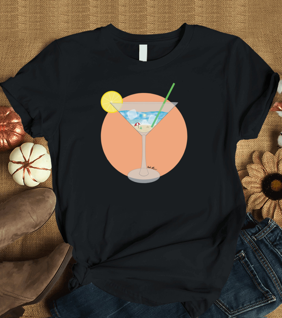 Martini Glass Beach Scene with Lemon and Umbrella T-Shirt