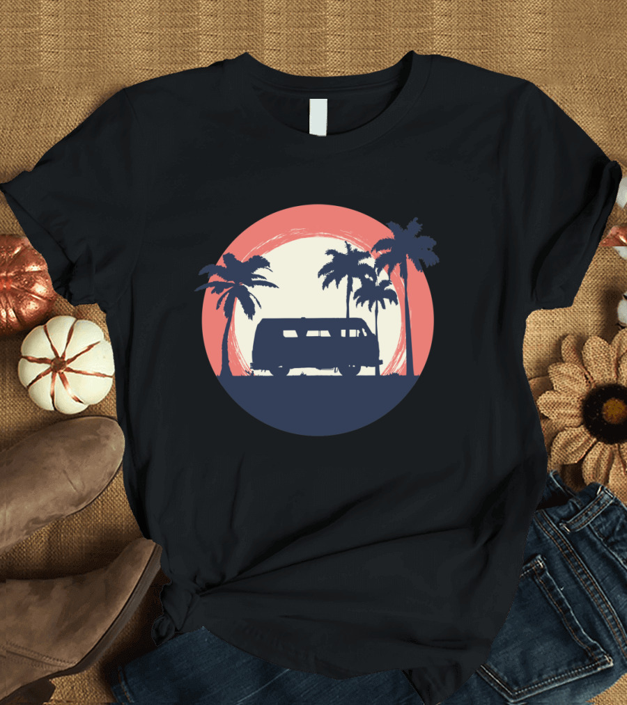 Vintage Beach Sunset Paradise with Palm Trees and Camper Van T-Shirt