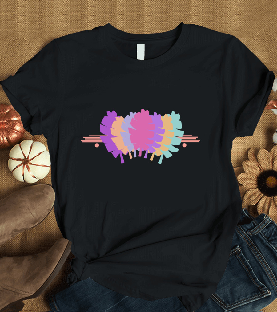 Banana Leaves in Bright Tropical Multicolor Pattern with Abstract Lines and Shapes T-Shirt