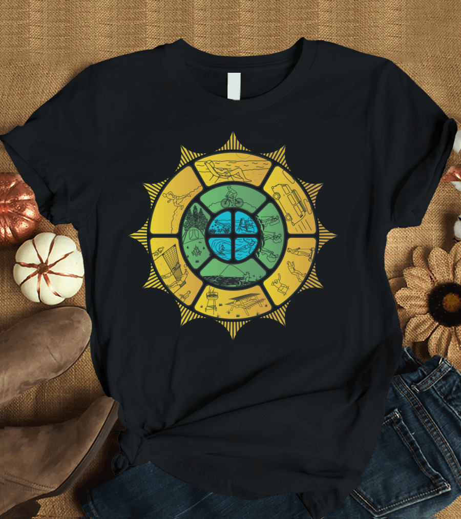 Summertime Sunburst with Beach Cycling Camping Swimming Adventure Scenes T-Shirt