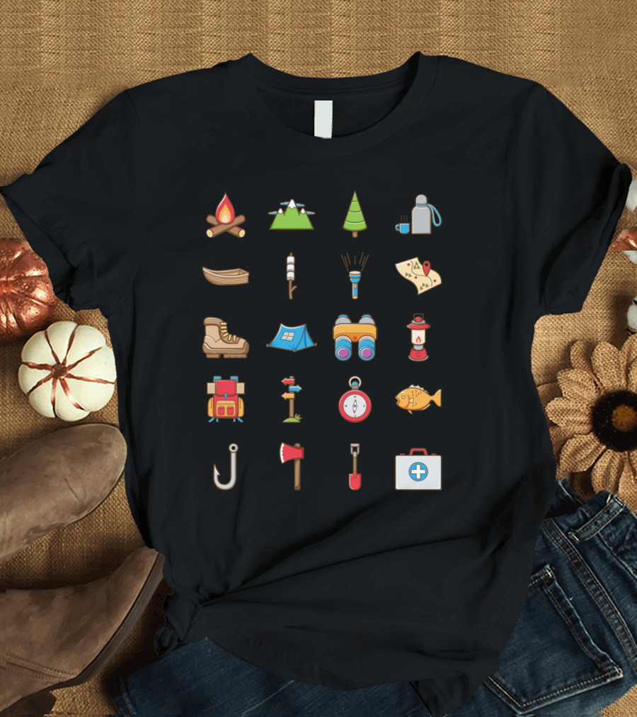 Camping Icons Fire Tent Map Compass Backpack Binoculars Lantern Boots Fishing Hook Axe Tree T-Shirt