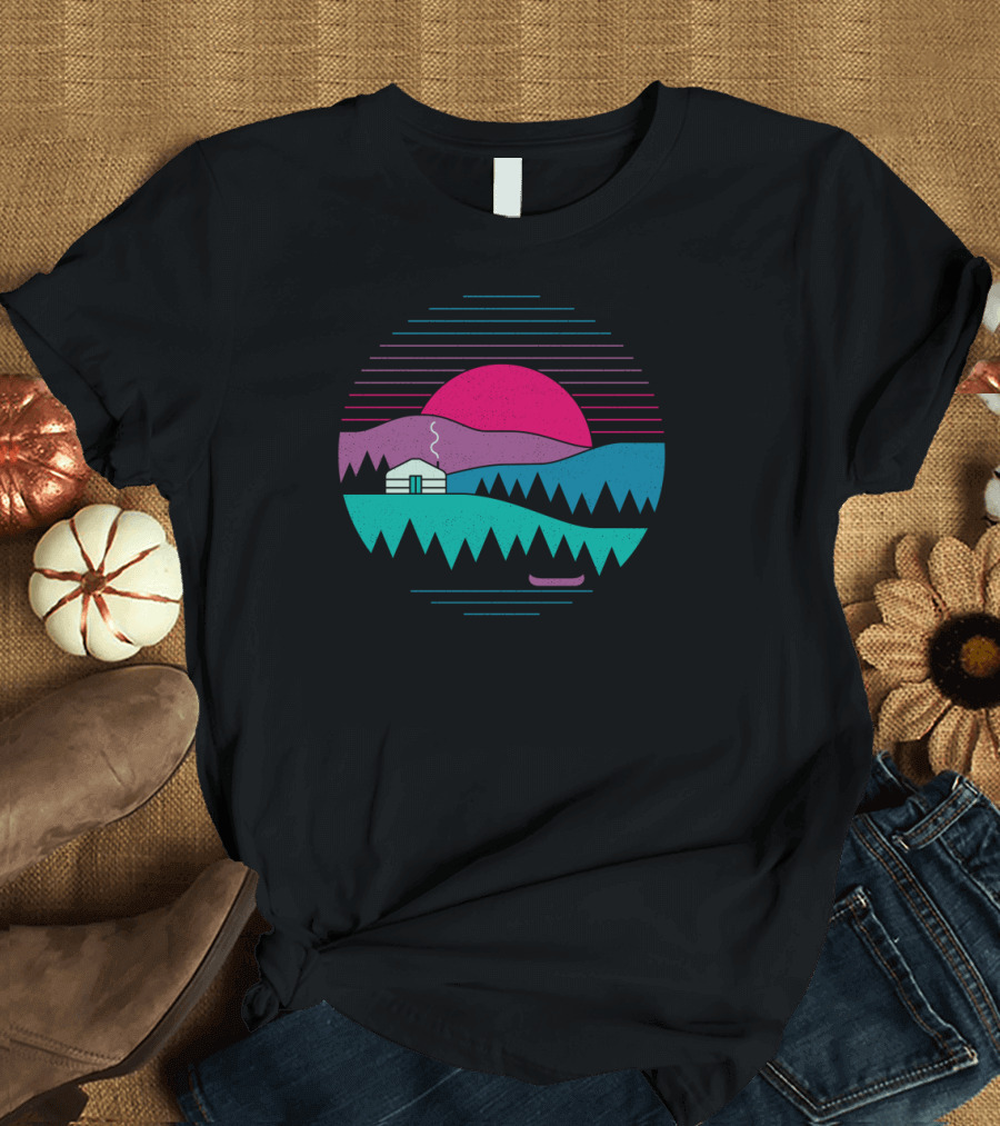 Retro Sunset Mountain Cabin and Canoe Scene Back to Basics T-Shirt