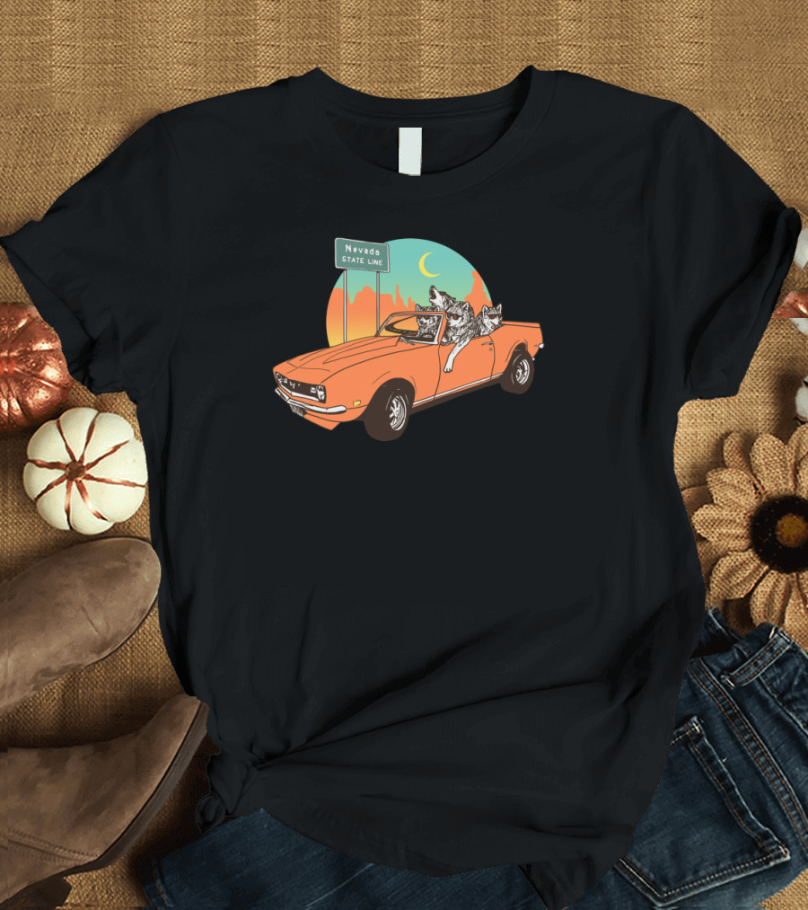 Nevada State Line Wolves Cruising in Orange Mustang Under Desert Moon T-Shirt