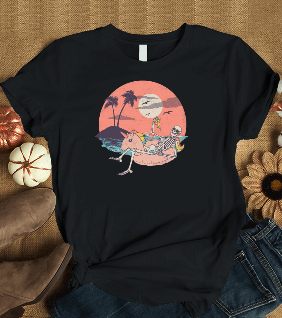 Endless Summer Vibes Skeleton Pizza Unicorn Sunset T-Shirt