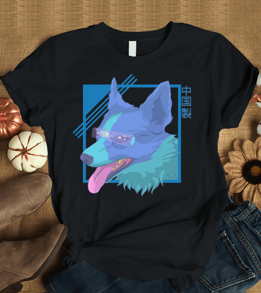 Retro Vaporware Corgi Blue China Made Neon T-Shirt
