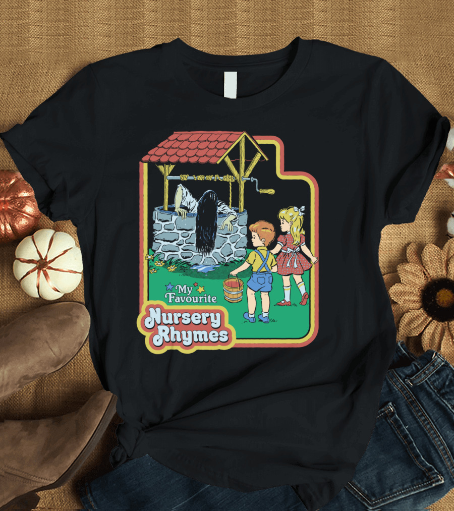 The title for this image could be: My Favourite Nursery Rhymes with Spooky Well Scene and Children T-Shirt
