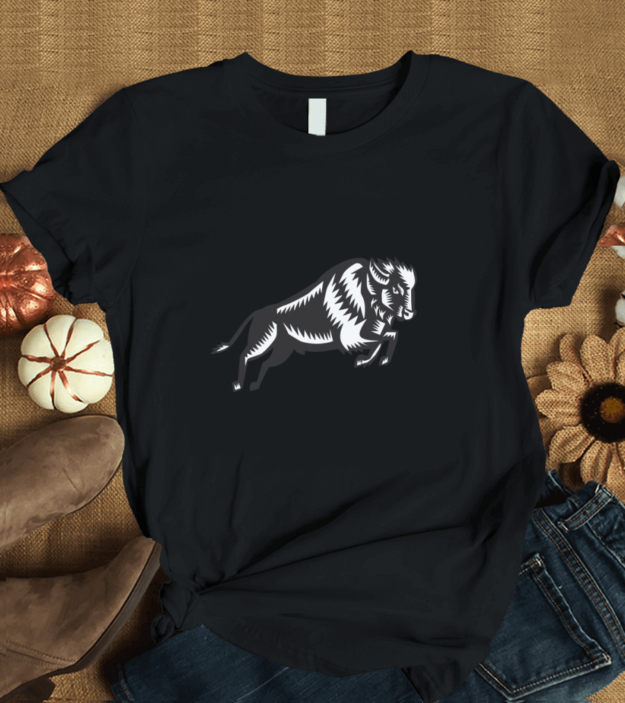 American Bison Buffalo Jumping Black and White Woodcut T-Shirt